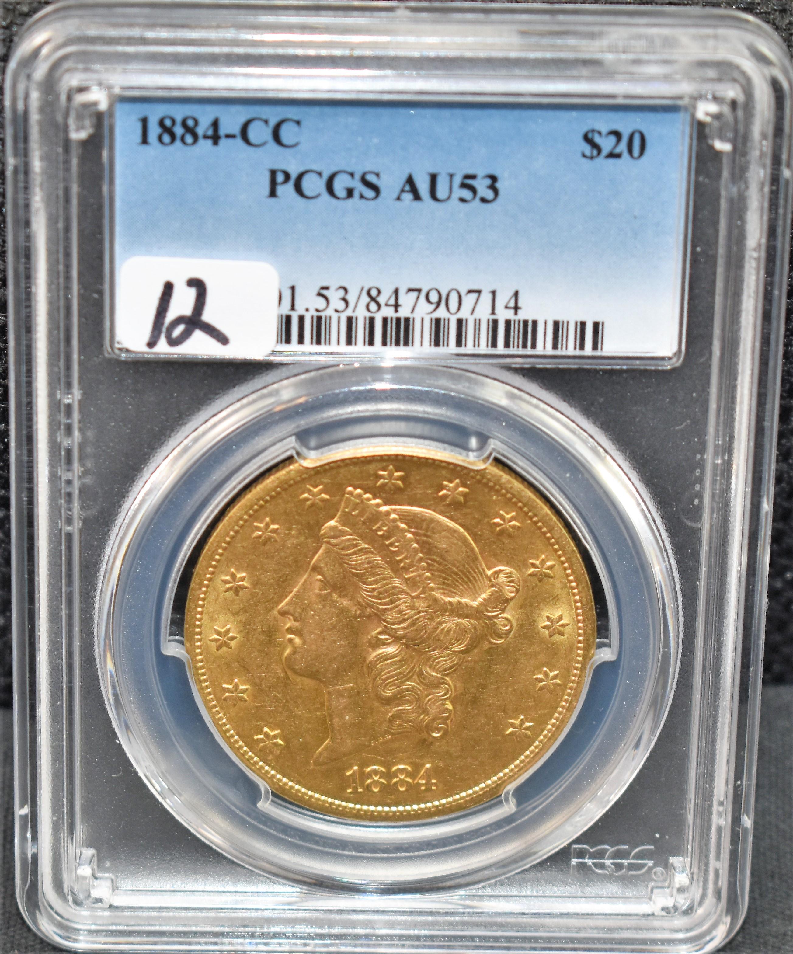 RARE 1884-CC $20 LIBERTY GOLD COIN PCGS AU53