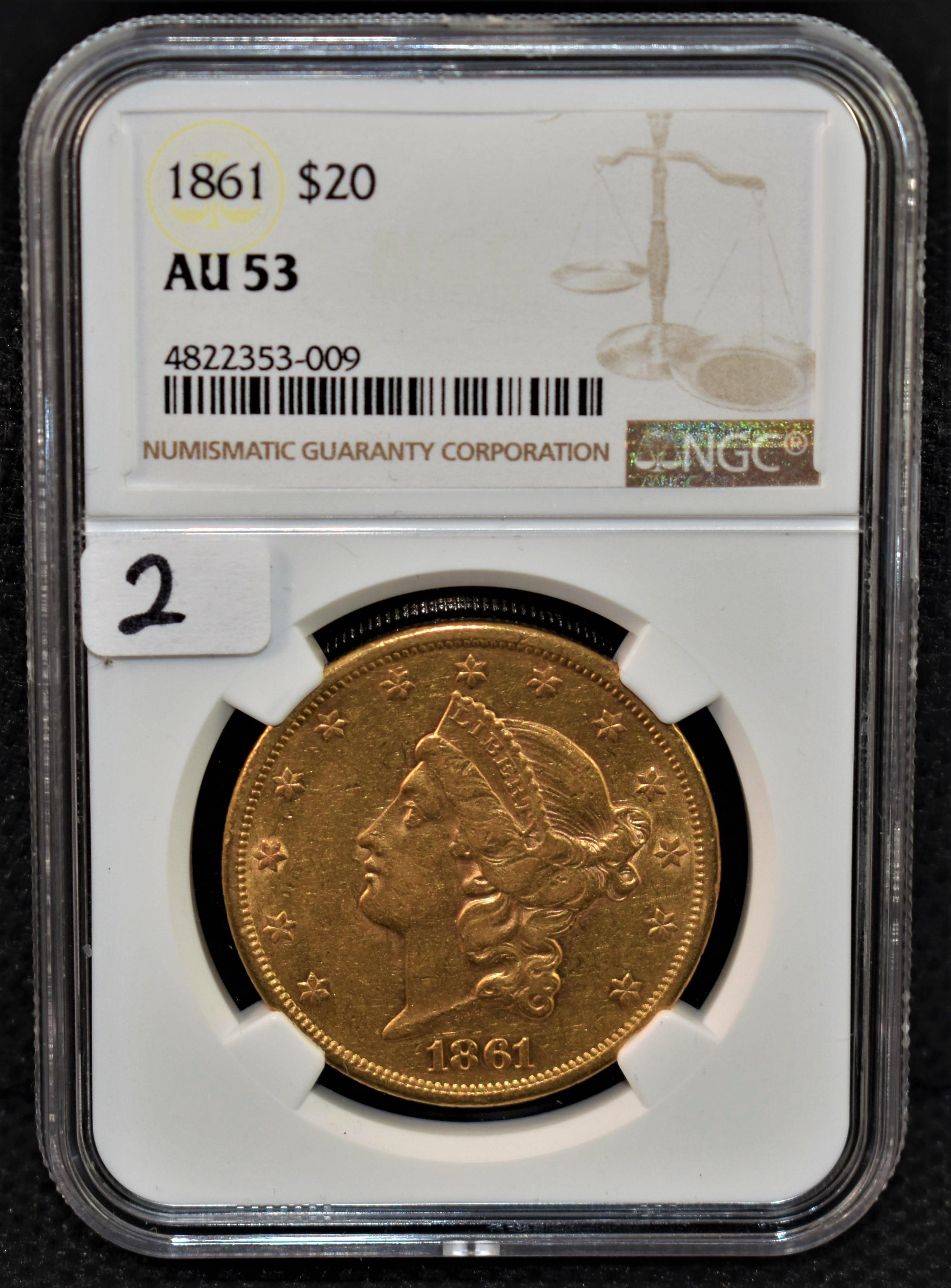 RARE 1861 (CIVIL WAR) $20 LIBERTY GOLD NGC AU53