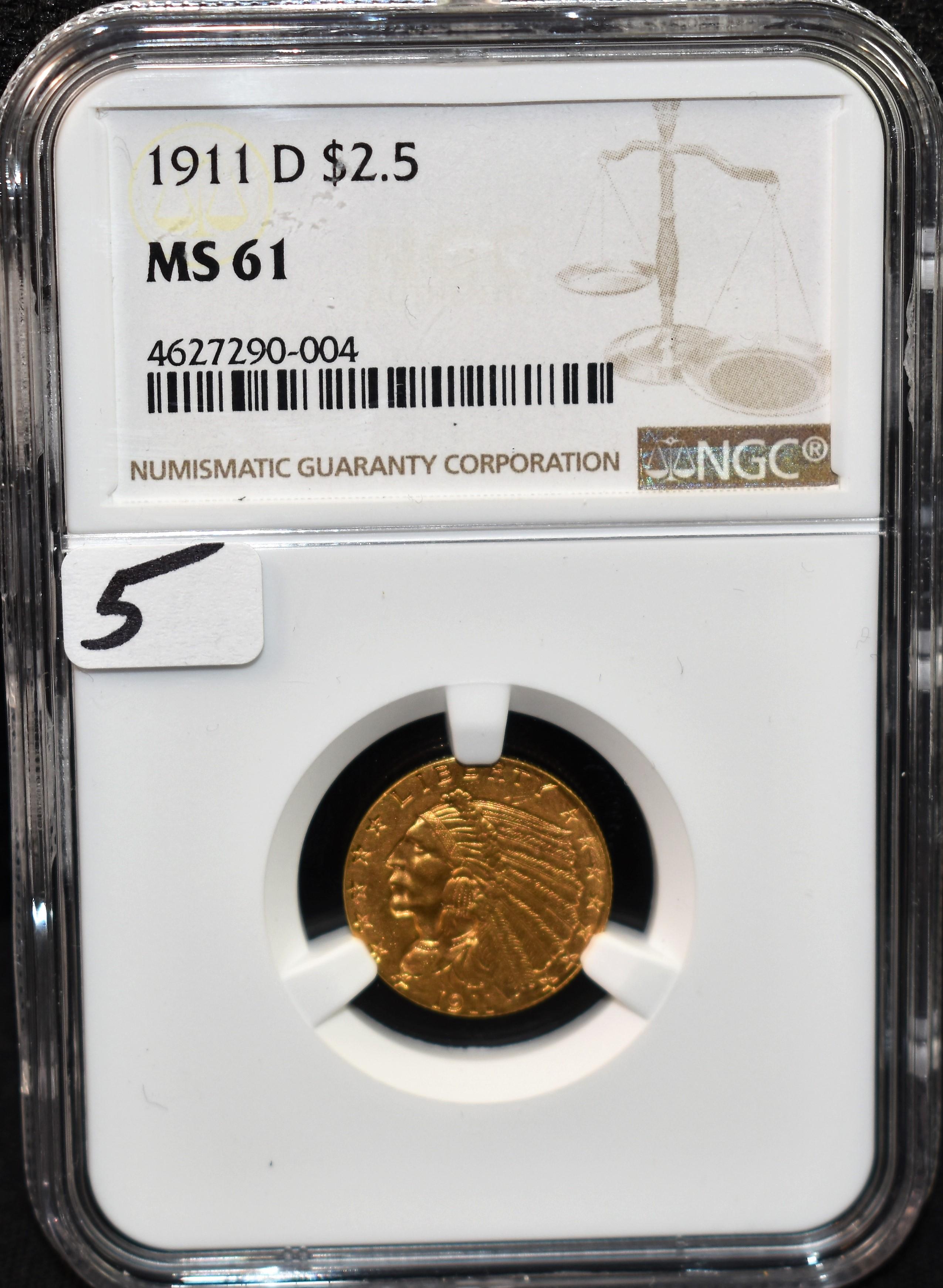 SUPER KEY 1911-D $2 1/2 INDIAN GOLD NGC MS61