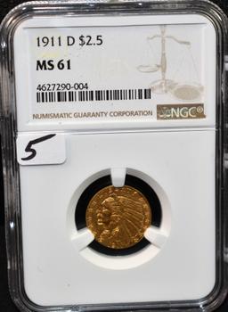 SUPER KEY 1911-D $2 1/2 INDIAN GOLD NGC MS61