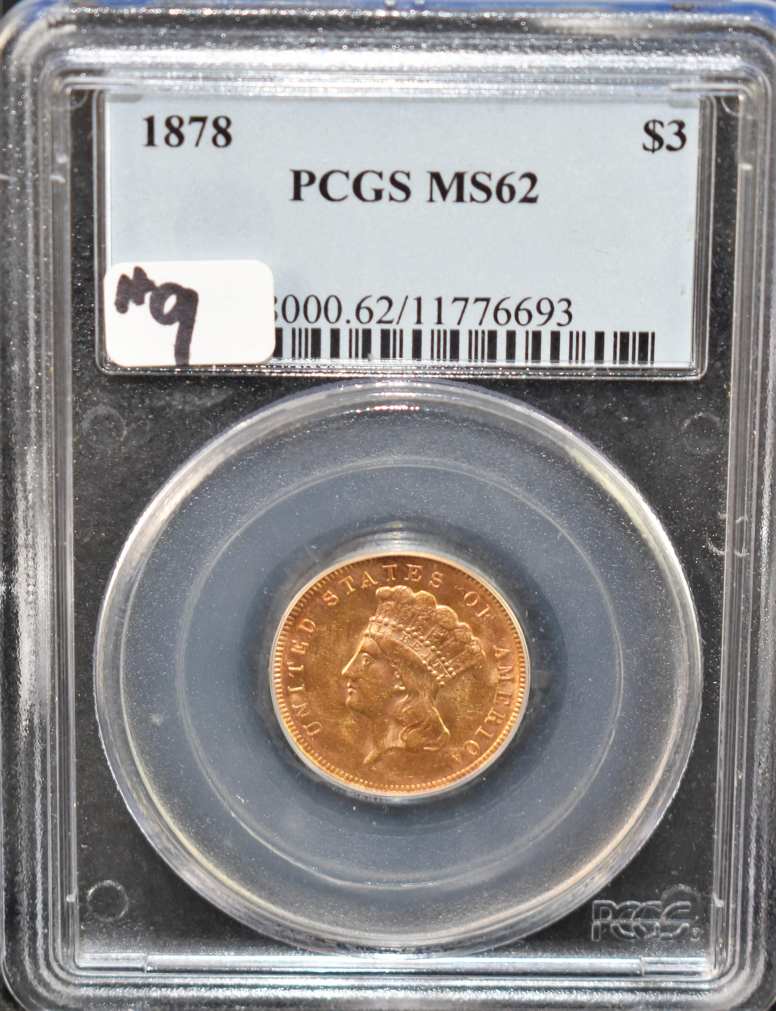 RARE 1878 $3 PRINCESS GOLD COIN PCGS MS62