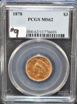 RARE 1878 $3 PRINCESS GOLD COIN PCGS MS62