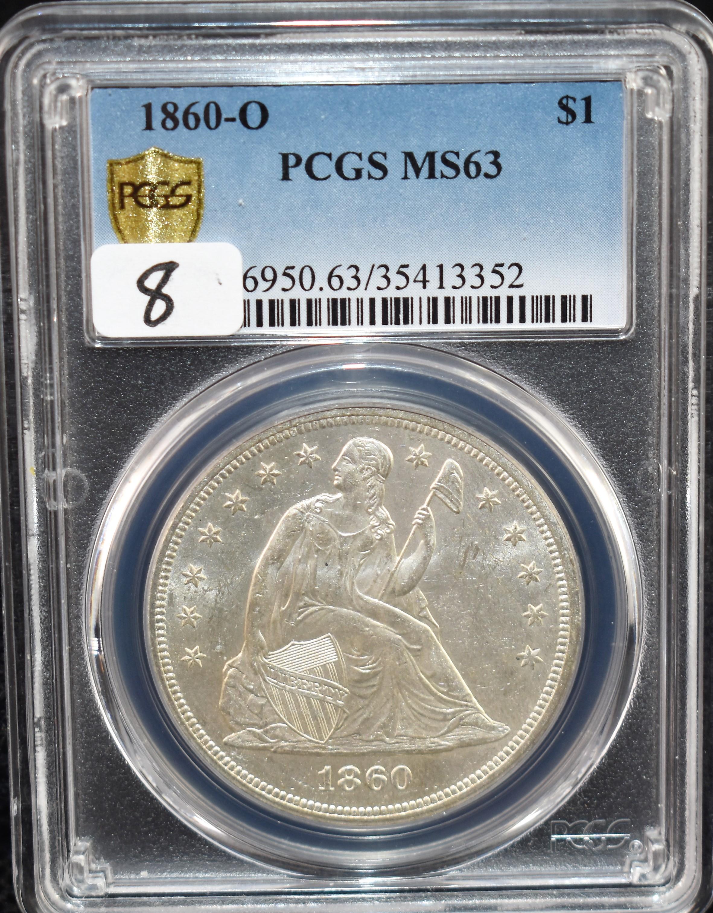 RARE 1860-0 SEATED DOLLAR - PCGS MS63