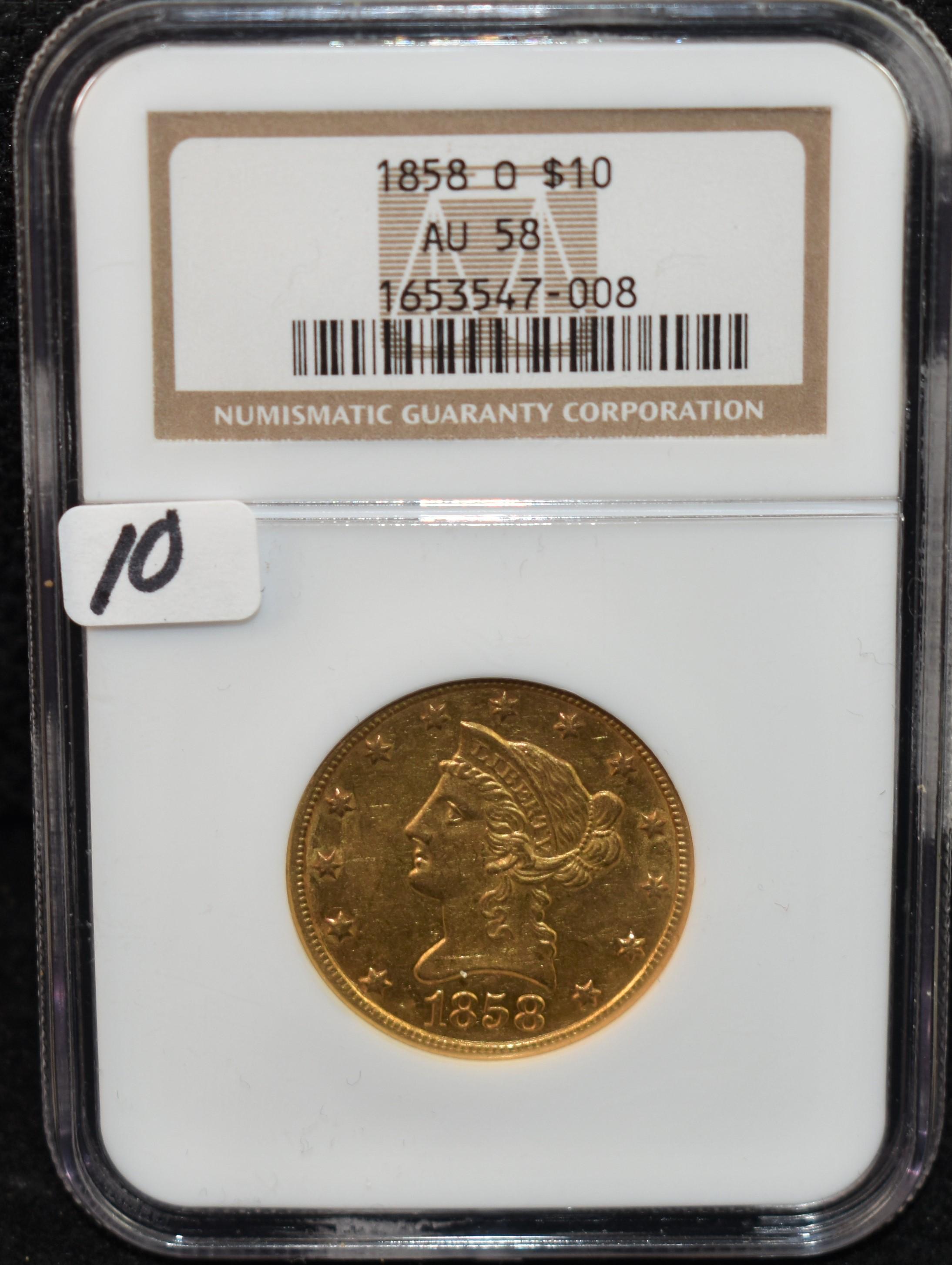 "VERY RARE" 1858-0 $10 LIBERTY GOLD COIN NGC AU58