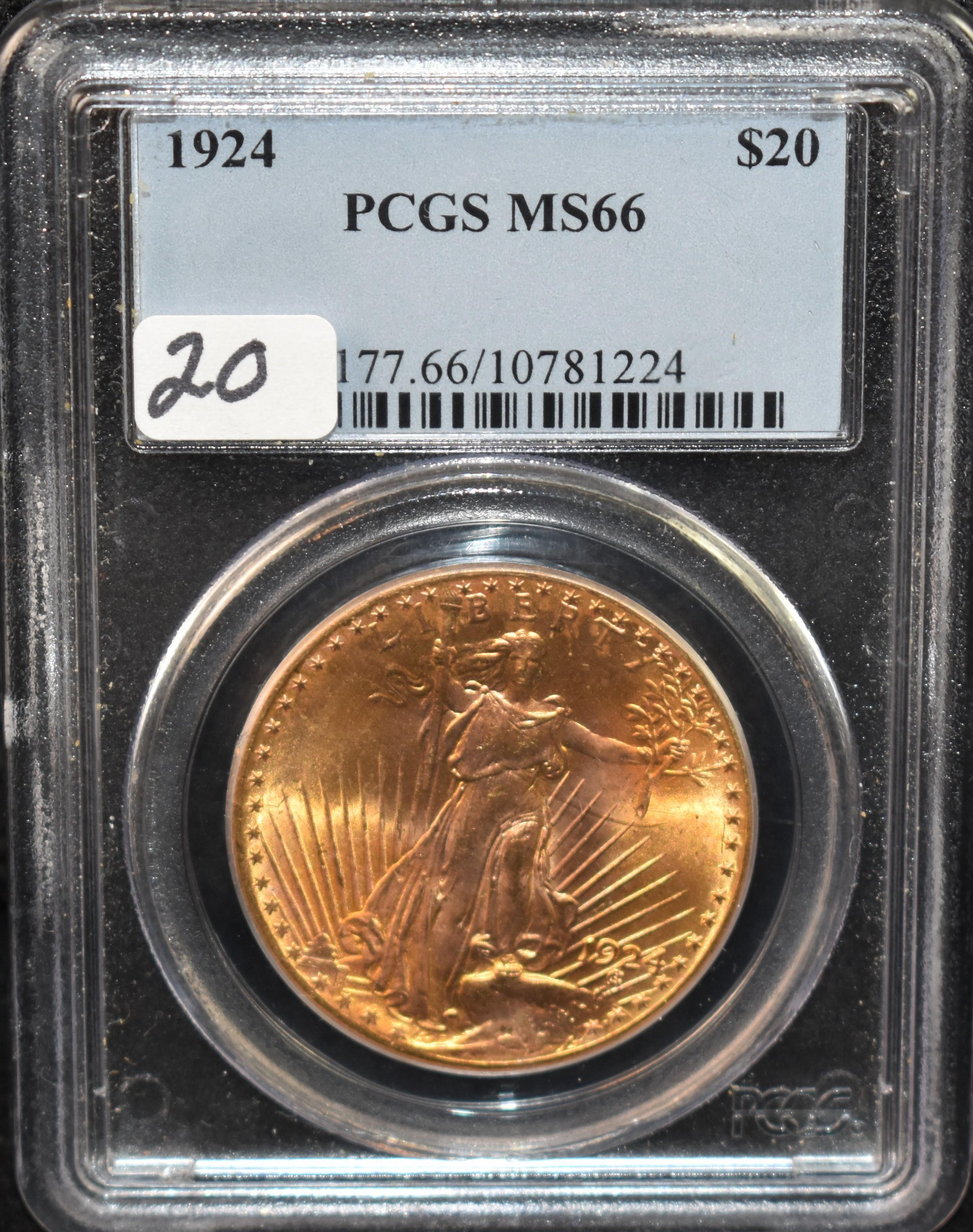 1924 $20 SAINT GAUDENS GOLD COIN - PCGS MS66