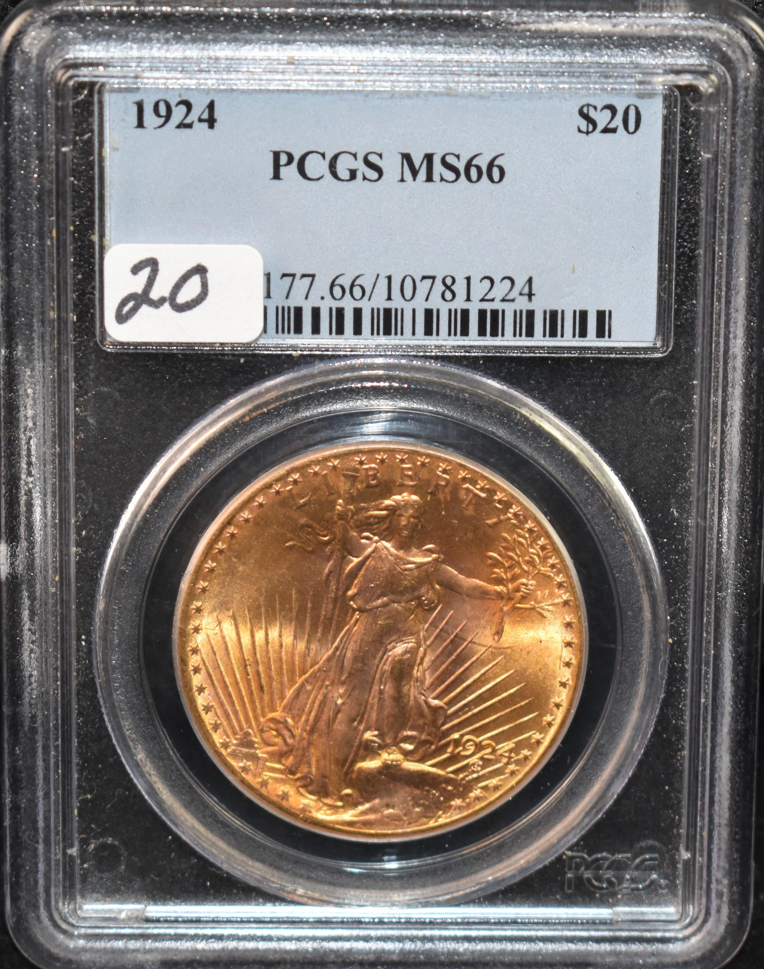 1924 $20 SAINT GAUDENS GOLD COIN - PCGS MS66