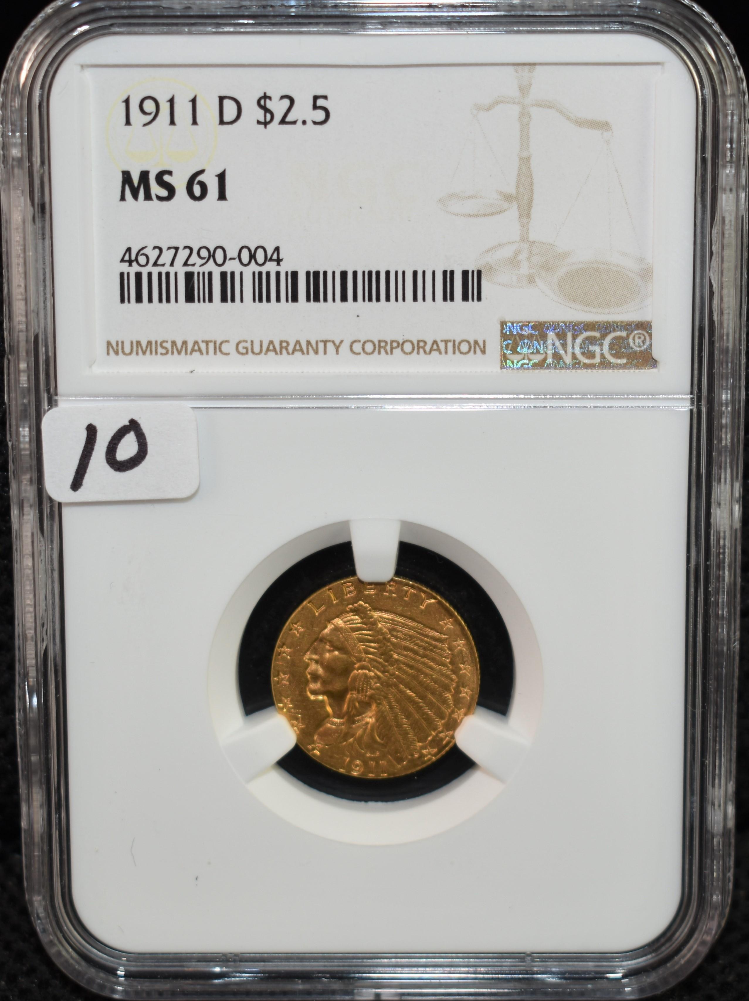 RARE SUPER KEY 1911-D $2 1/2 INDIAN GOLD NGC MS61