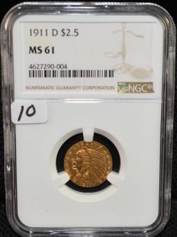 RARE SUPER KEY 1911-D $2 1/2 INDIAN GOLD NGC MS61