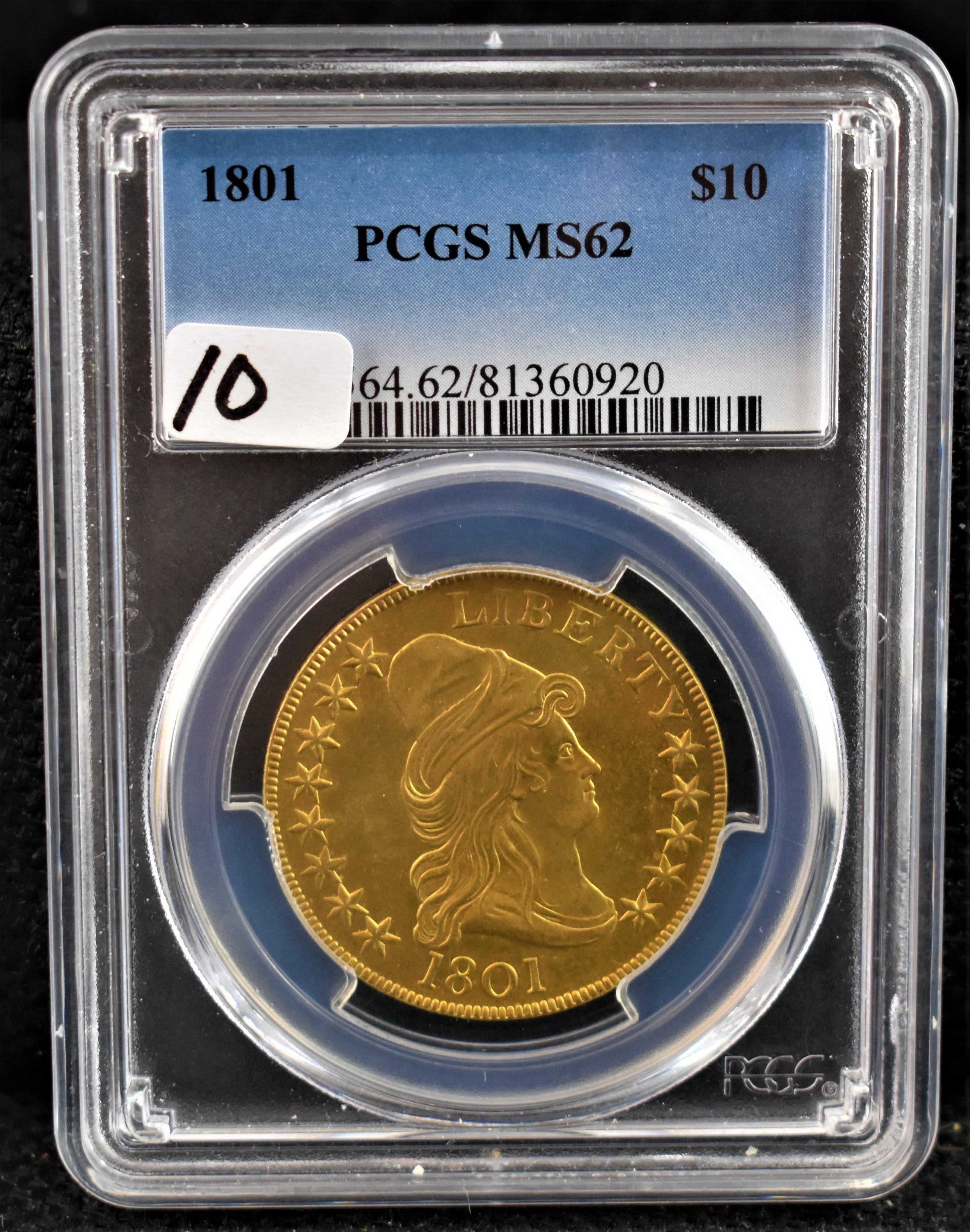 RARE KEY 1801 DRAPED BUST $10 GOLD COIN -PCGS MS62