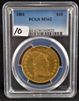 RARE KEY 1801 DRAPED BUST $10 GOLD COIN -PCGS MS62