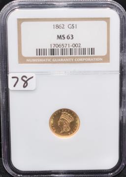 1862 $1 TYPE III GOLD COIN - NGC MS63