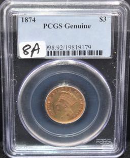 1874 $3 PRINCESS GOLD COIN PCGS GENUINE