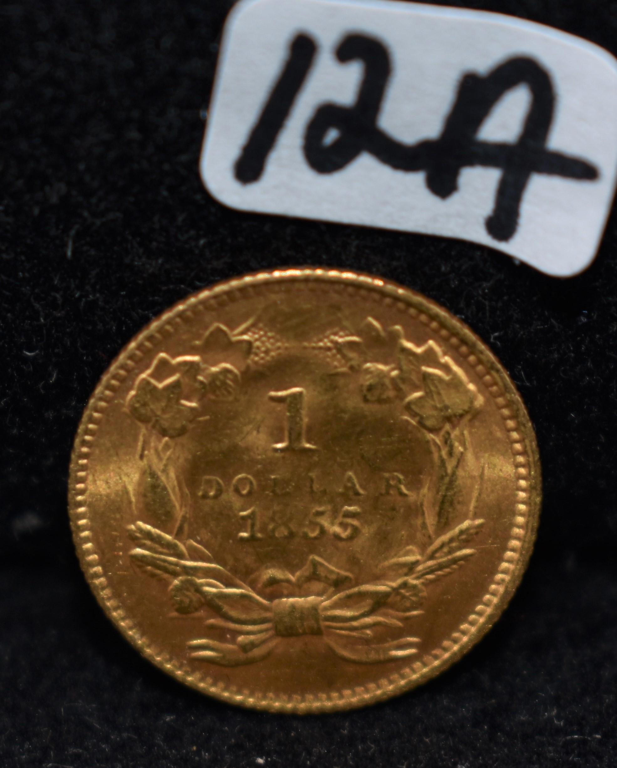 1855 TYPE 2 $1 INDIAN HEAD CHOICE BU GOLD COIN