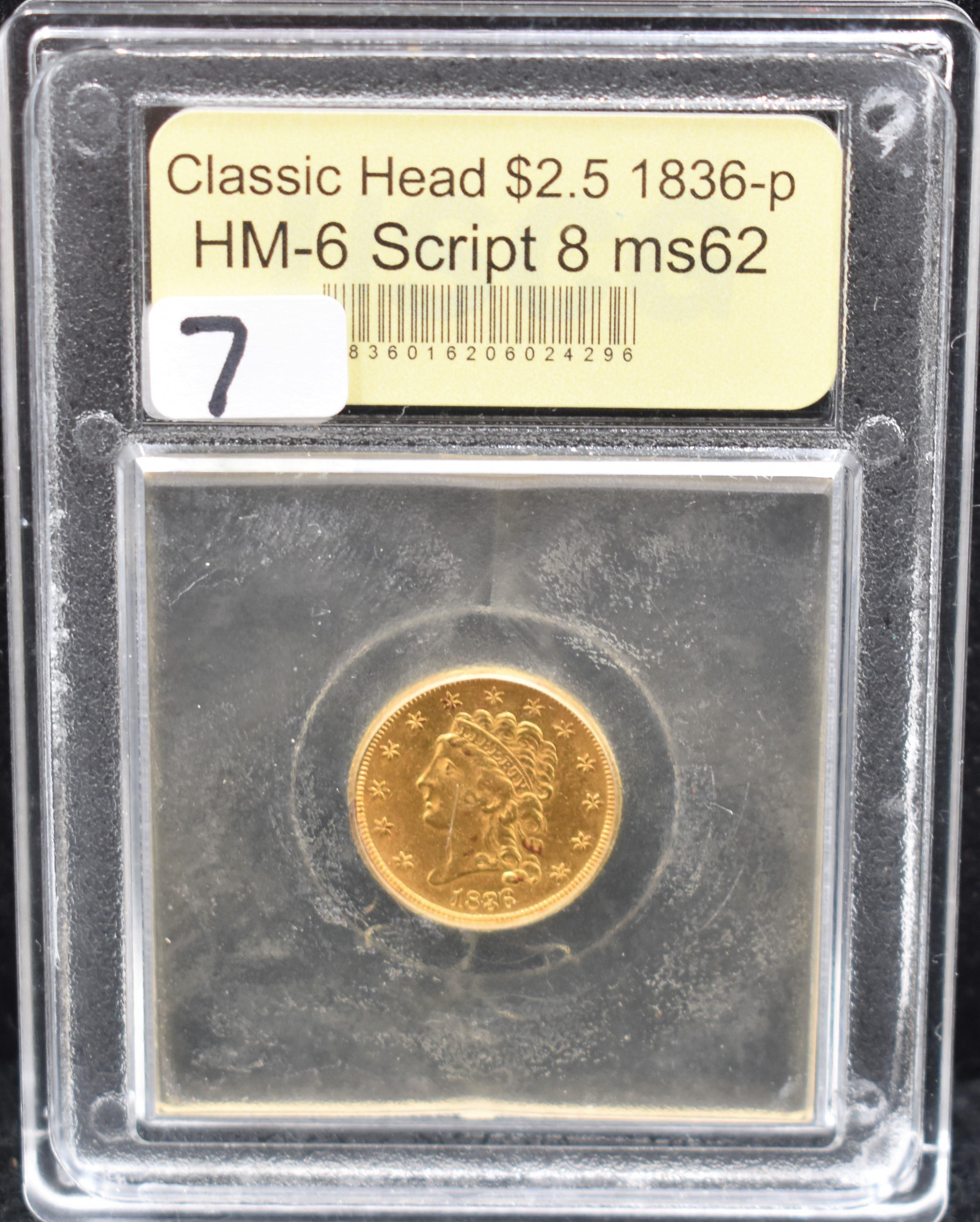 1836 $2 1/2 SCRIPT 8 CLASSIC HEAD GOLD USCG MS62
