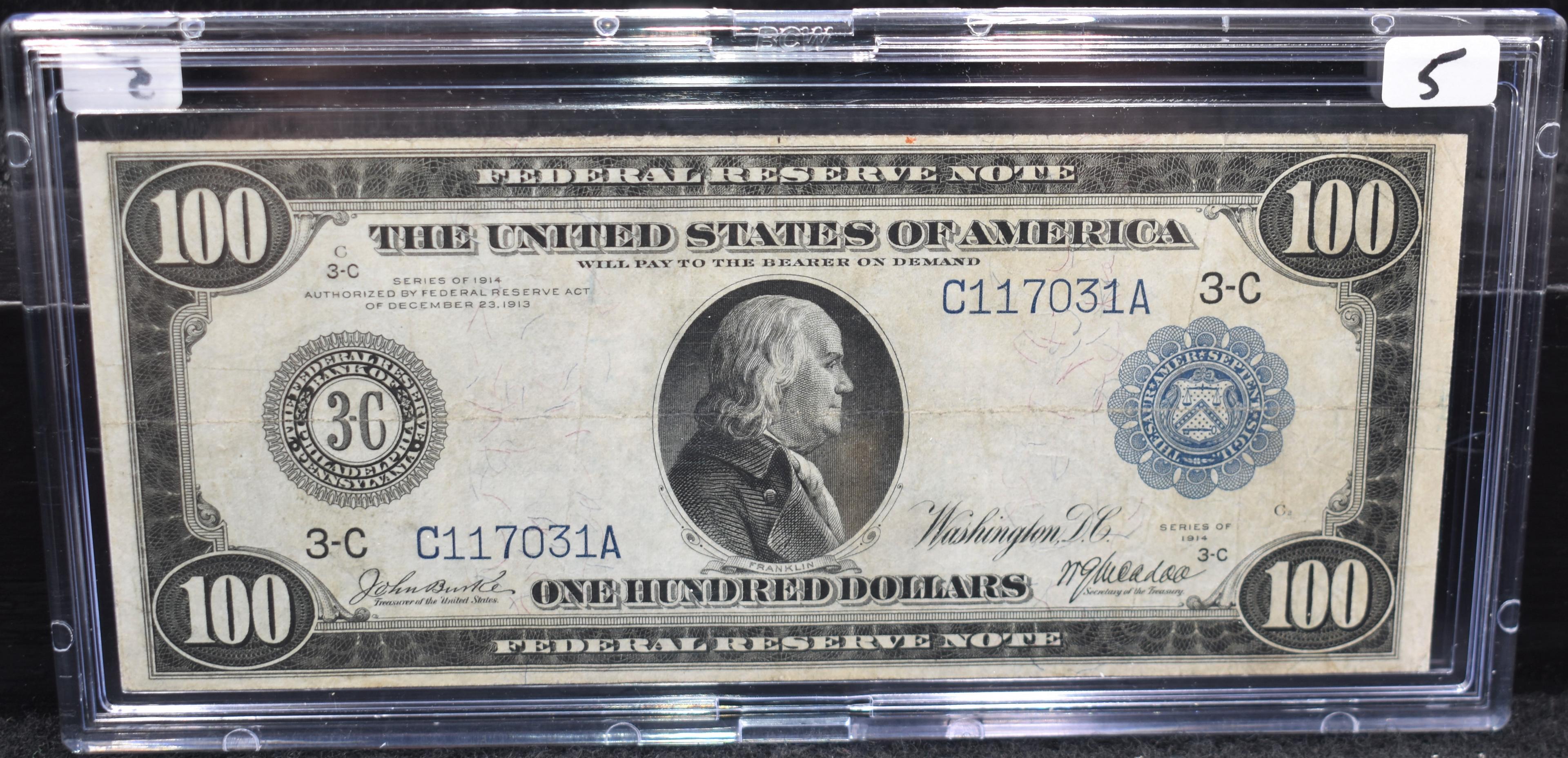 RARE HIGH GRADE $100 FED. RESERVE NOTE 1914 LARGE