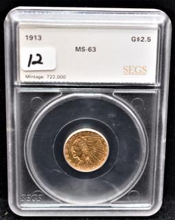 1913 $2 1/2 INDIAN HEAD GOLD COIN SEGS MS63