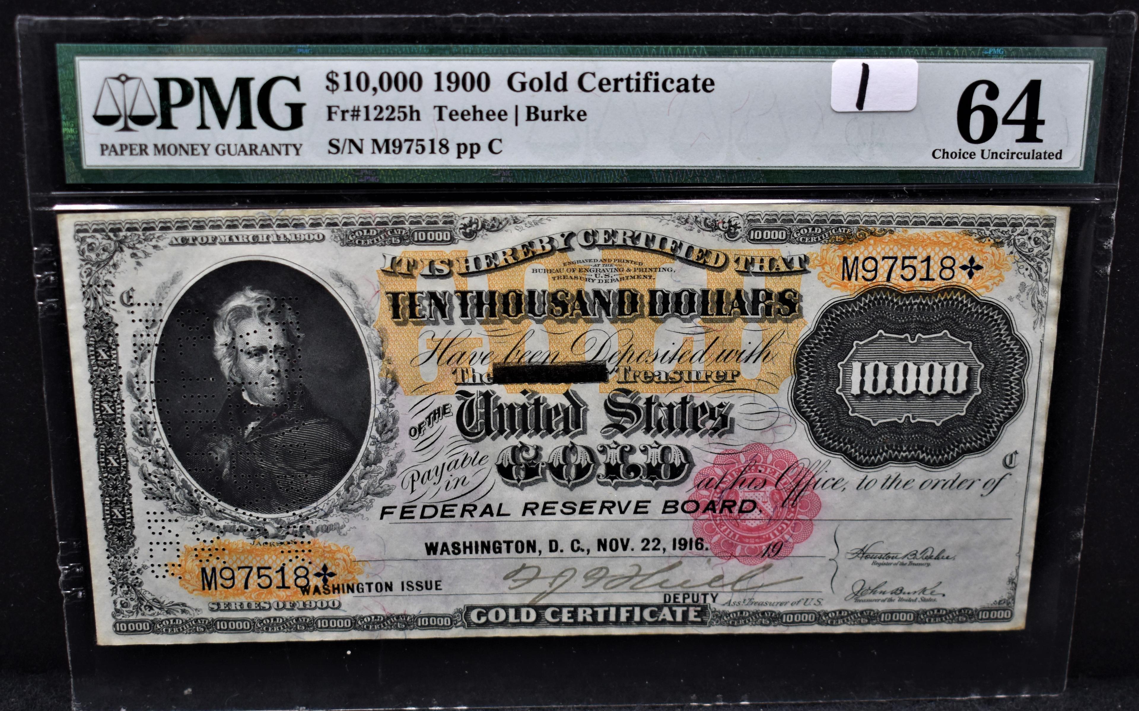 RARE 1900 $10,000 GOLD CERTIFICATE PMG CU64