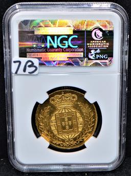 VERY RARE 1824 PORTUGAL PECA GOLD COIN - NGC MS62