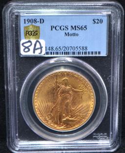 1908-D MOTTO $20 SAINT GAUDENS GOLD - PCGS MS65
