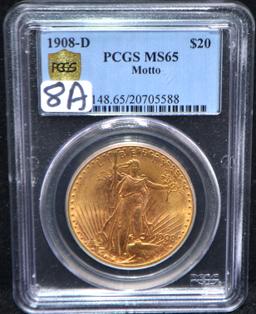 1908-D MOTTO $20 SAINT GAUDENS GOLD - PCGS MS65