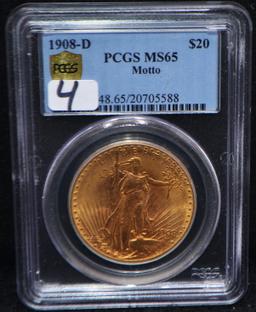 RARE 1908-D $20 SAINT GAUDENS GOLD COIN PCGS MS65