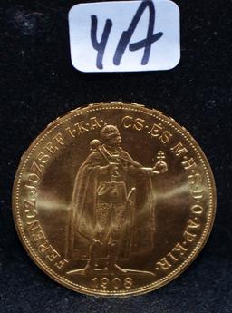 1908 HUNGARY 100 KORONA GOLD COIN