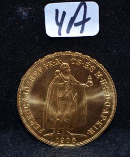 1908 HUNGARY 100 KORONA GOLD COIN