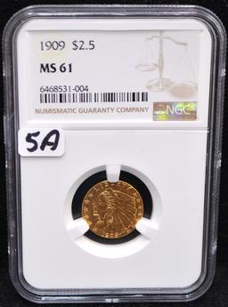 1909 $2 1/2 INDIAN HEAD GOLD COIN - NGC MS61