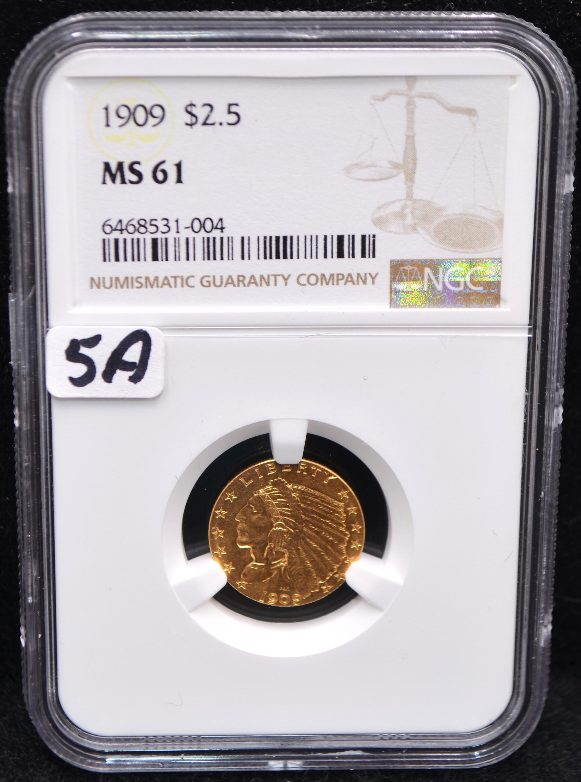 1909 $2 1/2 INDIAN HEAD GOLD COIN - NGC MS61
