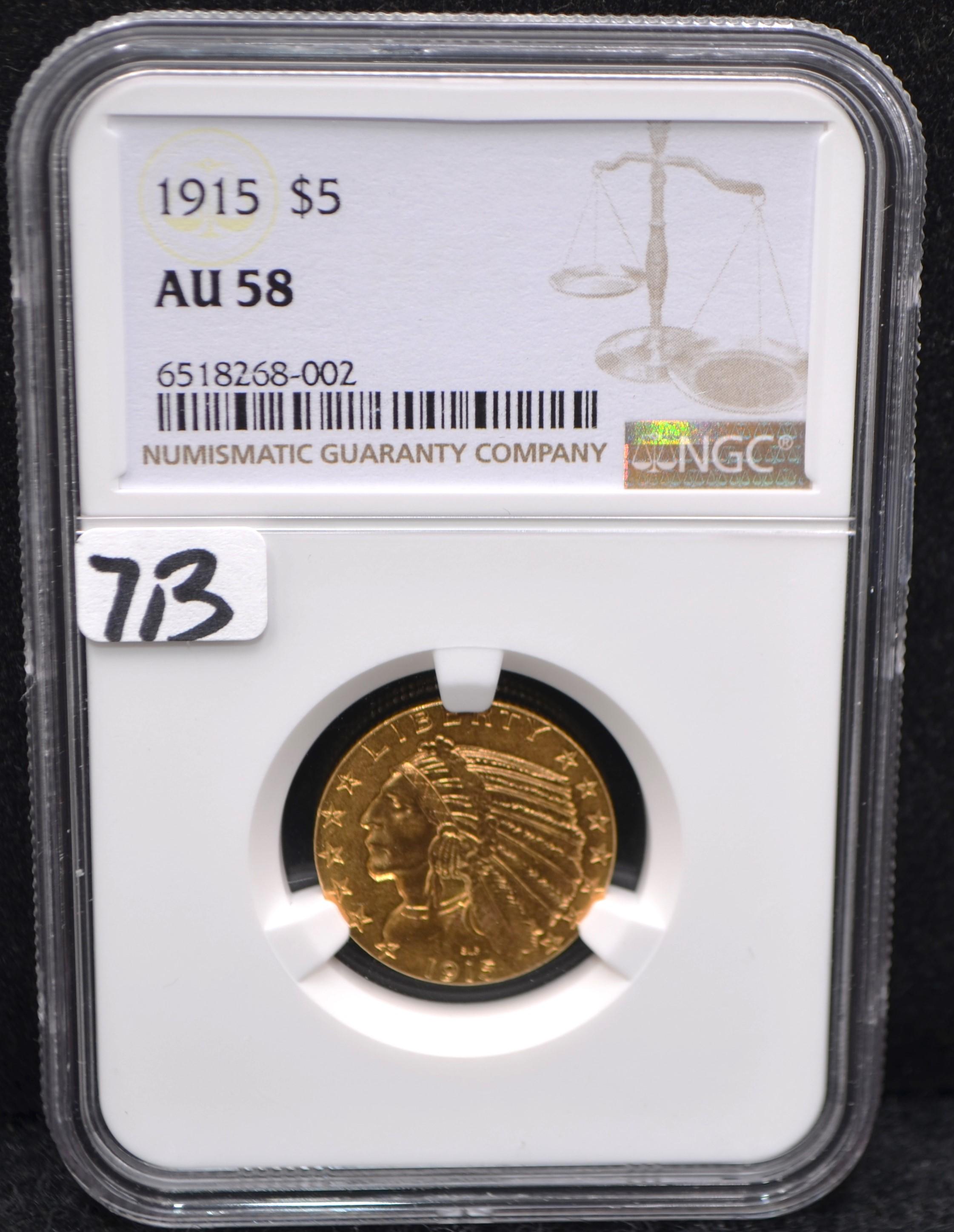 1915 $5 INDIAN HEAD GOLD COIN - NGC AU58