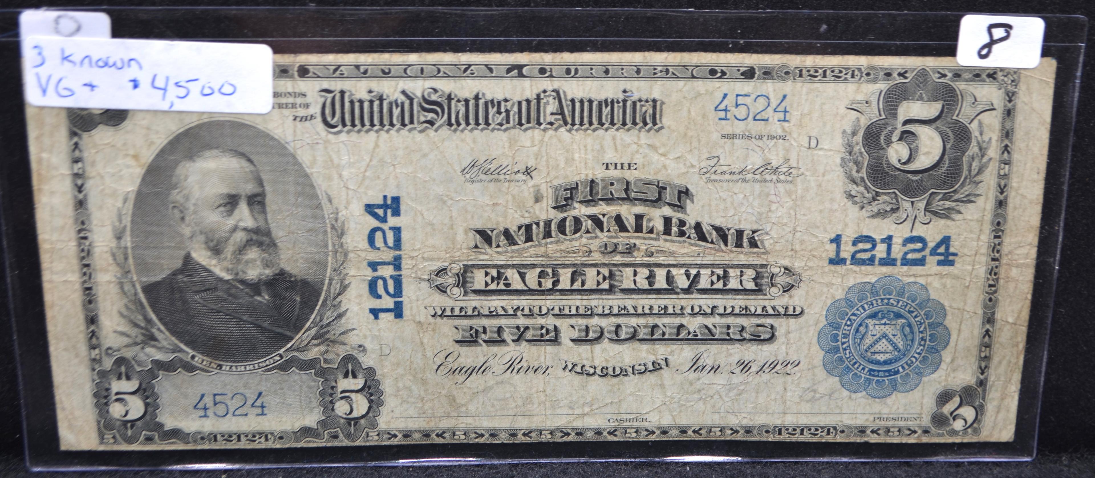 VERY RARE $5 NATIONAL CURRENCY "EAGLE RIVER - WISC