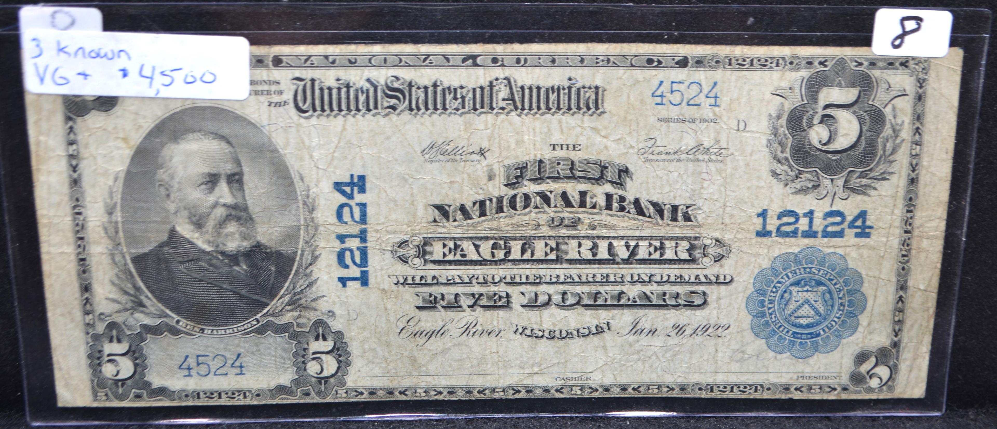 VERY RARE $5 NATIONAL CURRENCY "EAGLE RIVER - WISC