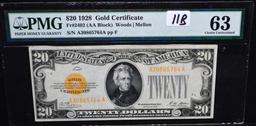 RARE $20 GOLD CERTIFICATE- SERIES 1928 - PMG CU63