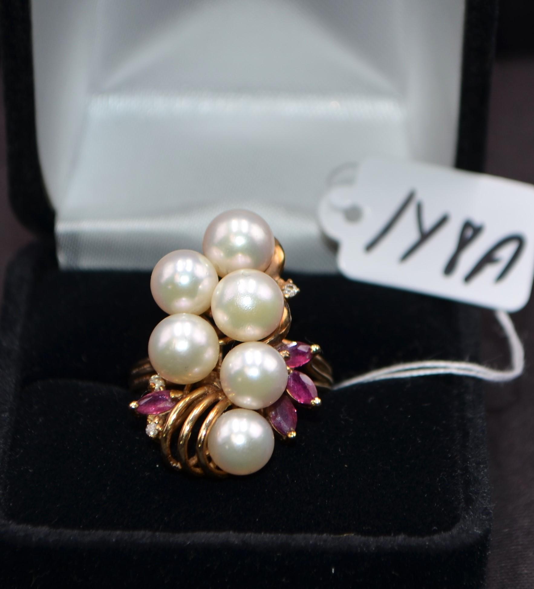 PEARL, DIAMOND & RUBY 14K YELLOW GOLD RING