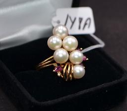 PEARL, DIAMOND & RUBY 14K YELLOW GOLD RING