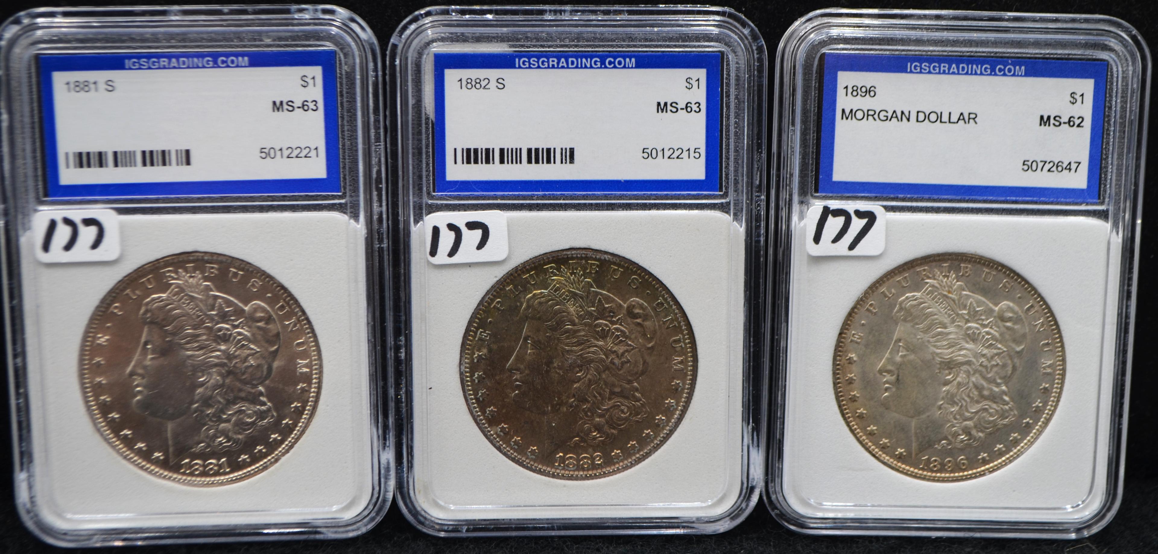 1881-S, 1882-S, 1896 MORGAN DOLLARS - SLABBED