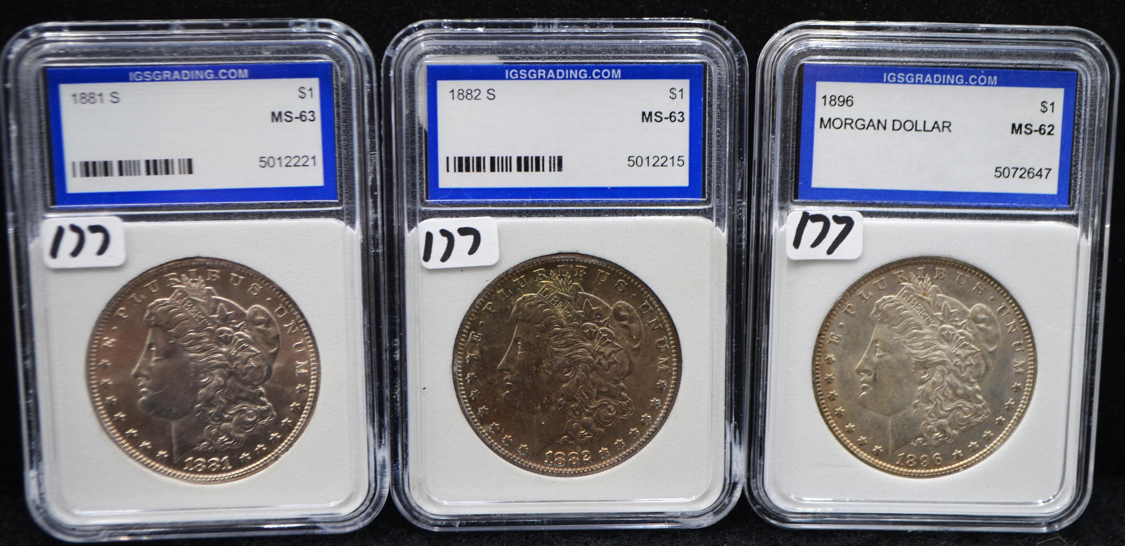 1881-S, 1882-S, 1896 MORGAN DOLLARS - SLABBED