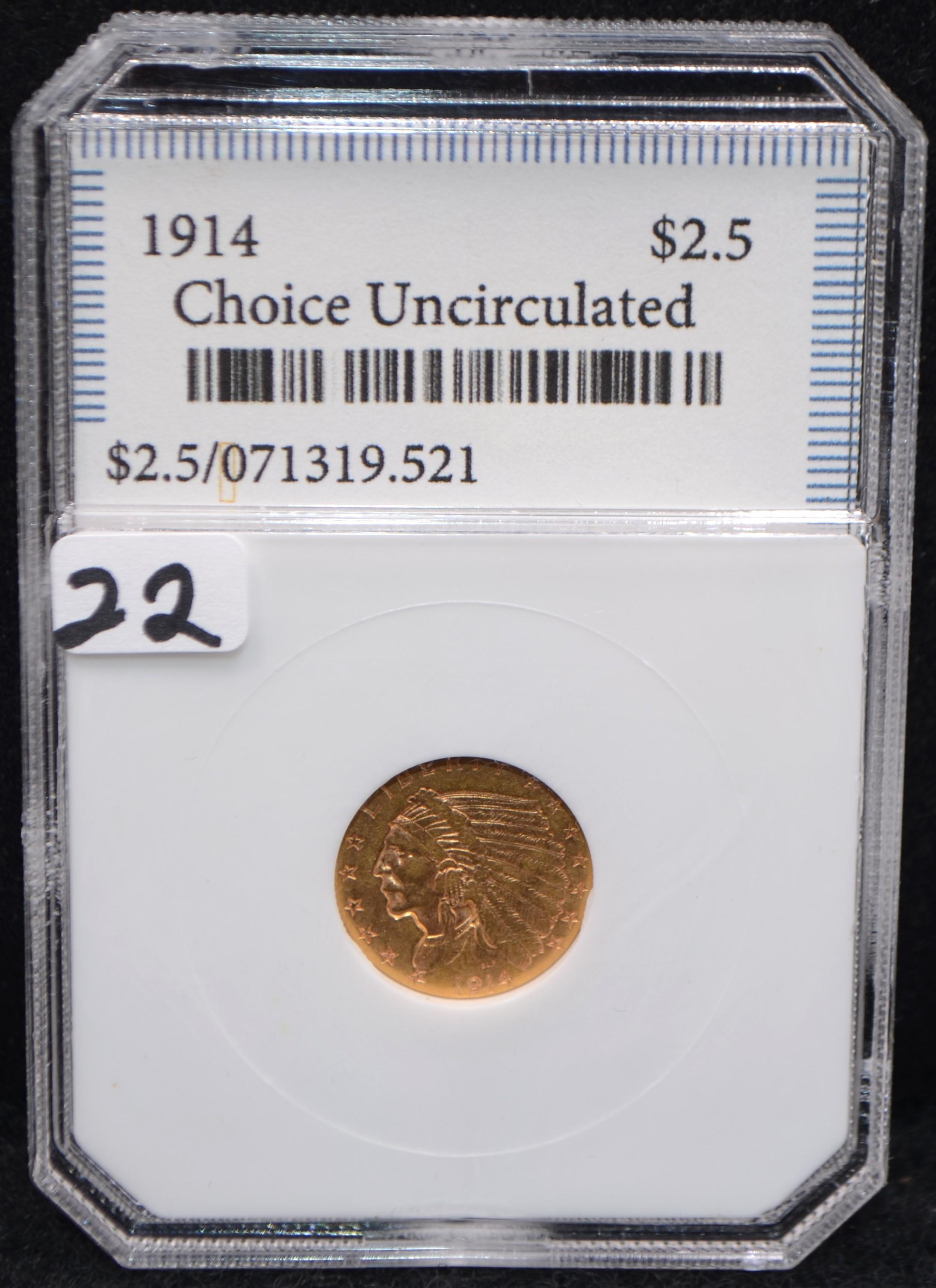 HIGH GRADE 1914 $2 1/2 INDIAN HEAD GOLD COIN