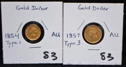 1854 TYPE 1 $1 GOLD & 1857 TYPE 3 $1 GOLD COIN