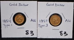 1854 TYPE 1 $1 GOLD & 1857 TYPE 3 $1 GOLD COIN