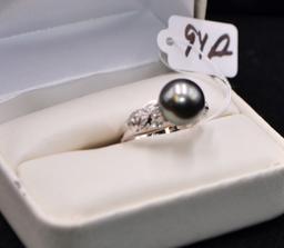 CHOICE DIAMOND &TAHITIAN PEARL 18K WHITE GOLD RING