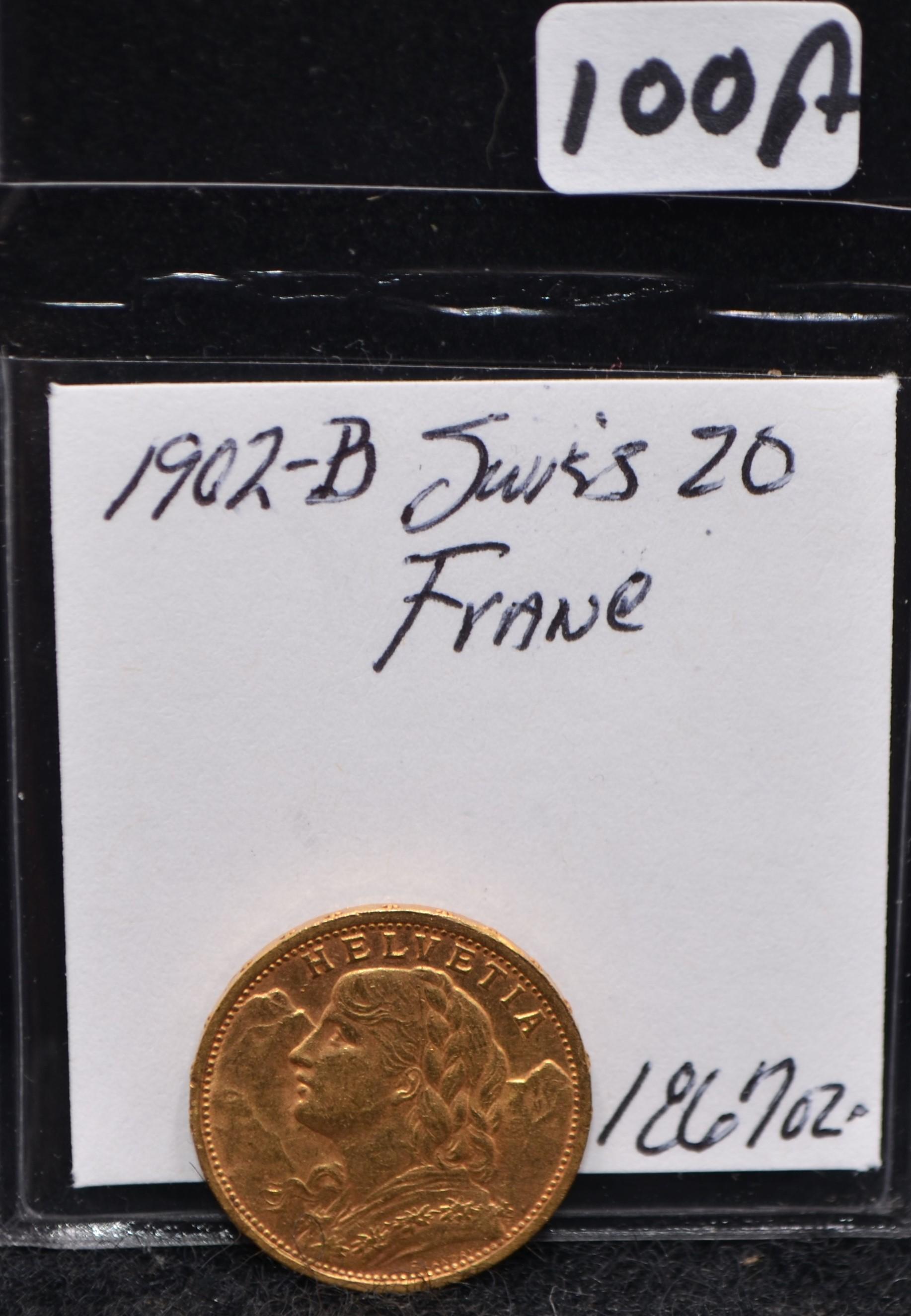 1902 B SWISS 20 FRANC GOLD COIN