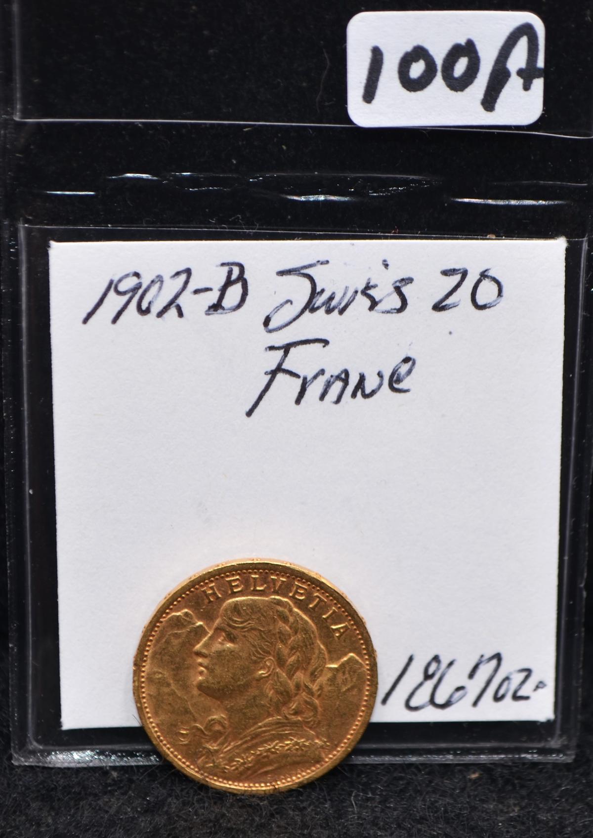 1902 B SWISS 20 FRANC GOLD COIN