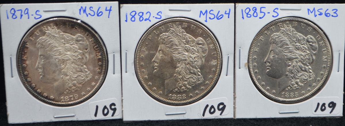 1879-S, 1882-S, 1885-S MORGAN DOLLARS