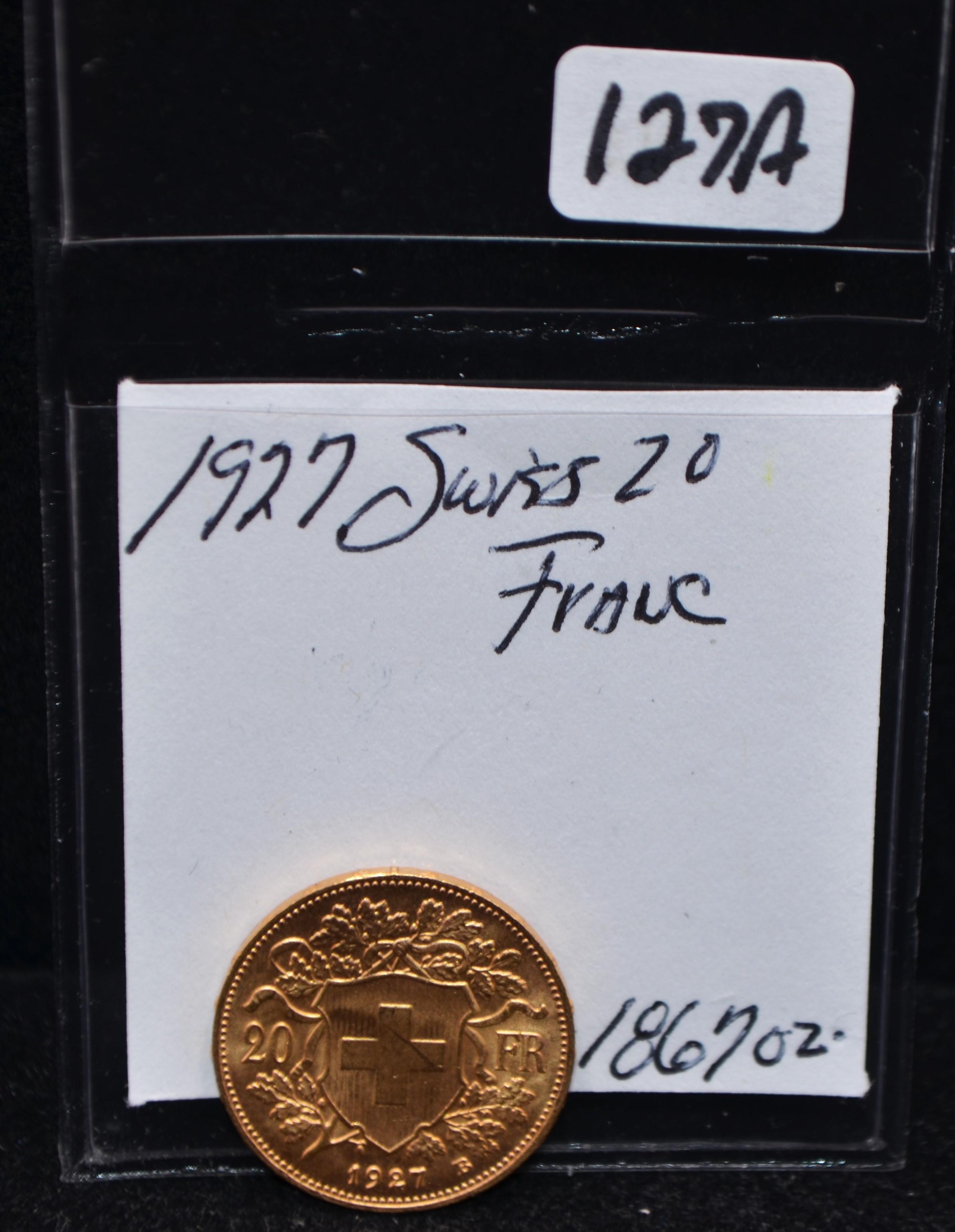 1927 SWISS 20 FRANC GOLD COIN