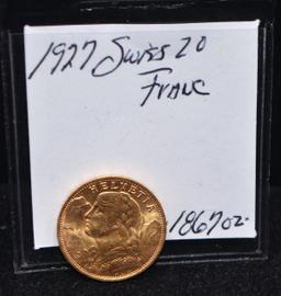 1927 SWISS 20 FRANC GOLD COIN