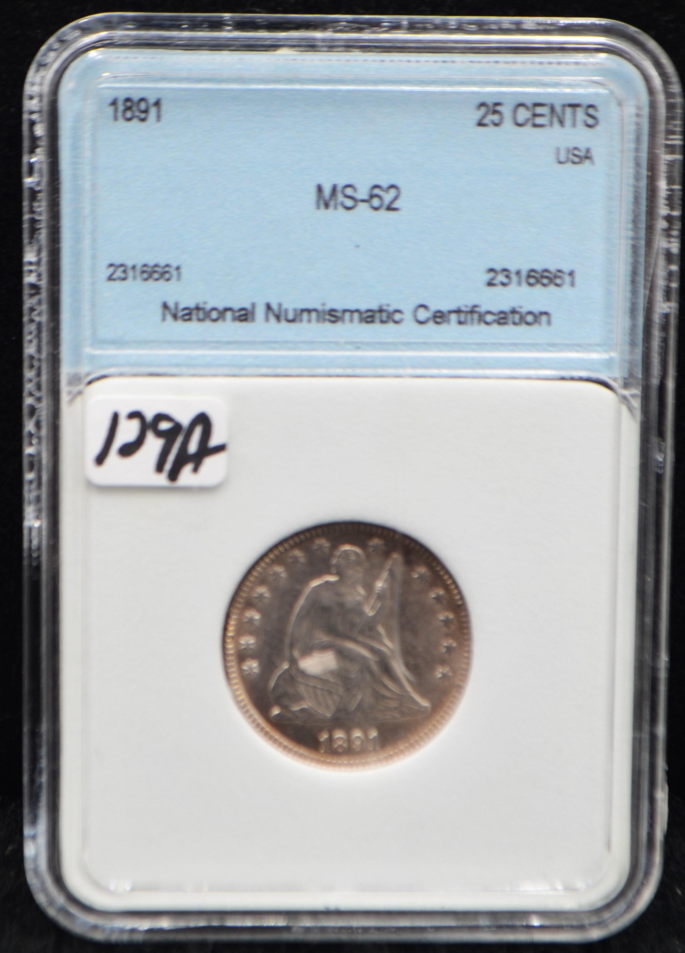 1891 SEATED LIBERTY QUARTER - NNC MS62