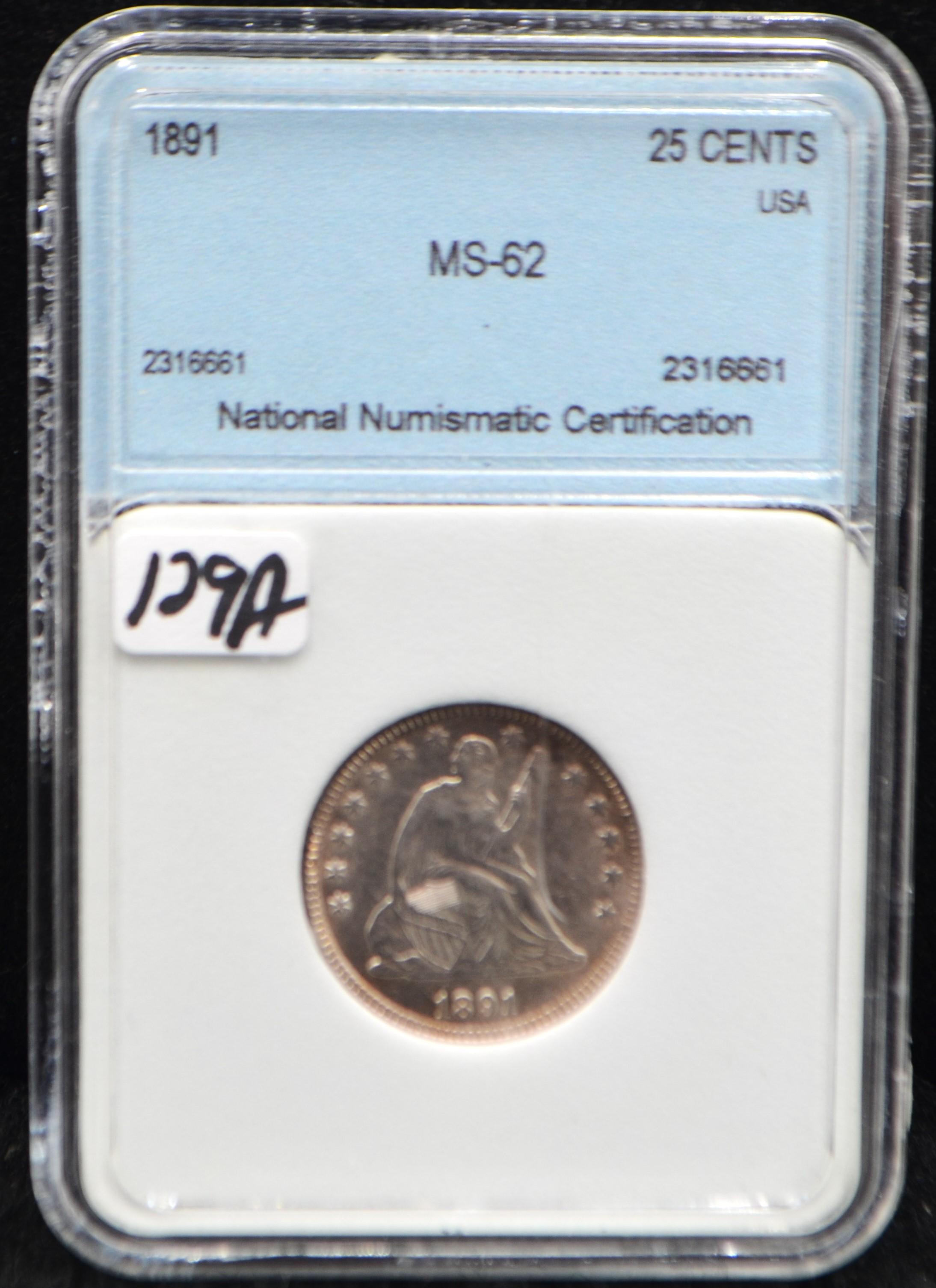 1891 SEATED LIBERTY QUARTER - NNC MS62