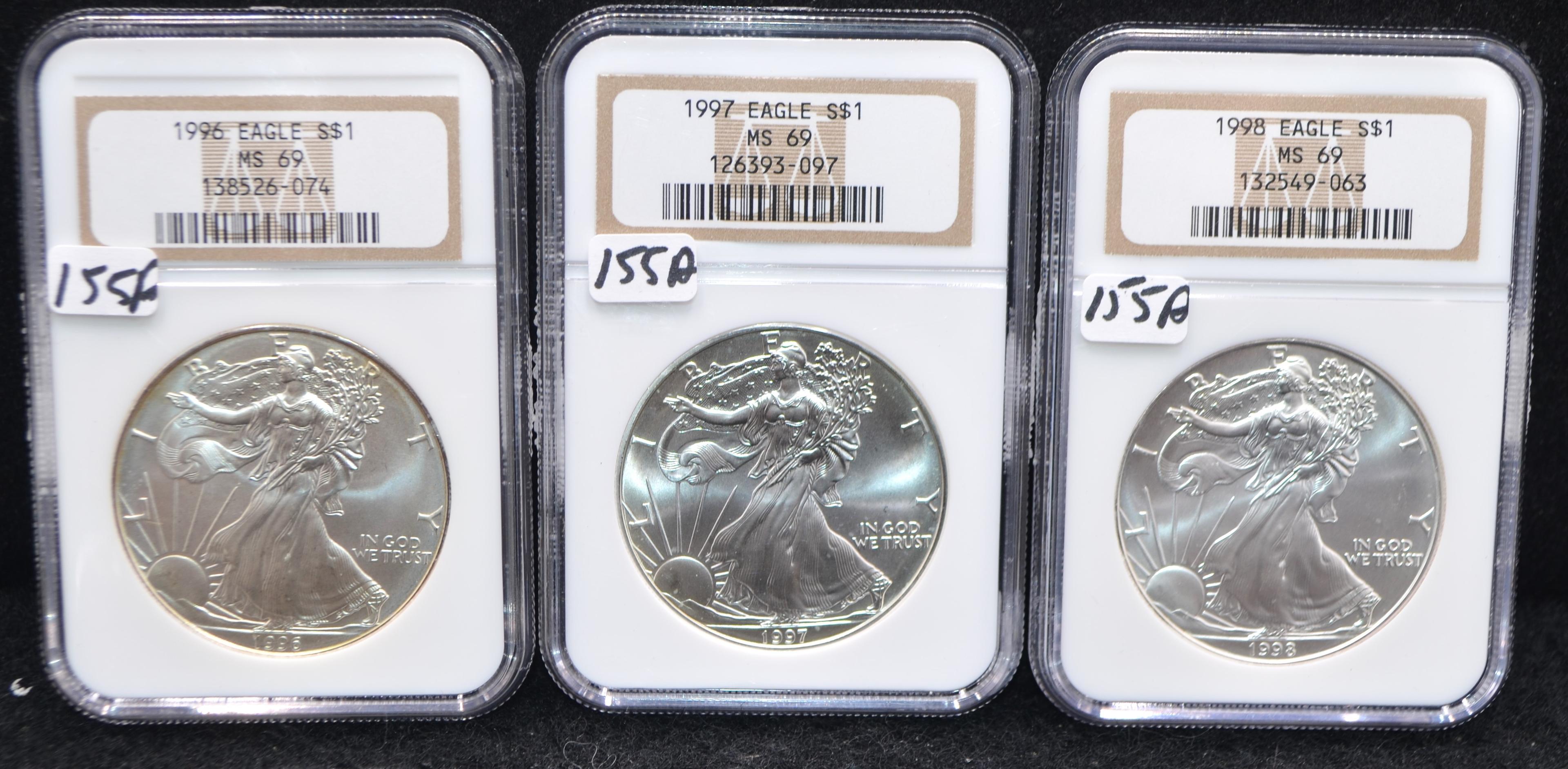 1996, 1997, 1998 AMERICAN SILVER EAGLES - NGC MS69