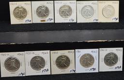 10 MIXED DATE UNC WALKING LIBERTY HALF DOLLARS